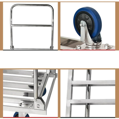 Foldable Heavy Duty Dolly Trolley For Tool Hauling And Heavy Load Transport On Stainless Steel Flatbed Platform With 4 Wheel Swivel Cart
