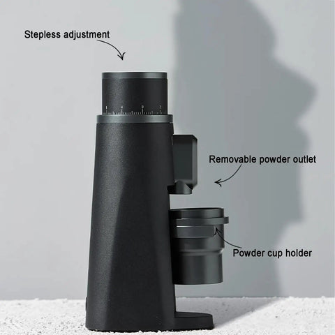 Hella Sharp 48Mm Conical Burr Electric Coffee Grinder With Stepless Knobs and Single Dose Catch Cup profile view showing stepless adjustment and powder cup holder.