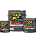 Three cans of Flex Seal Liquid Rubber Coating for sealing leaks in black, white, and gray colors, featuring product labels.