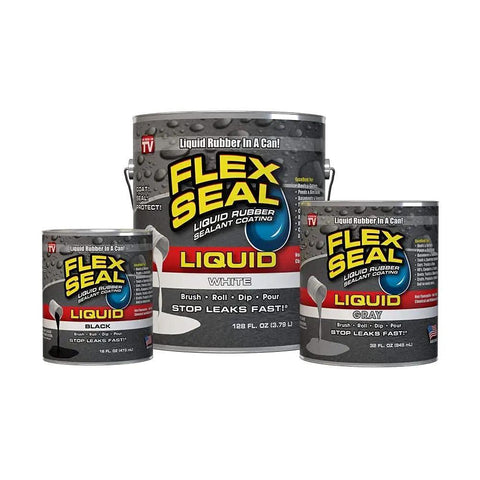 Flex Seal liquid rubber coating sealant in cans; black, white, gray options for waterproof, flexible, UV resistant protection.