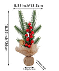 Mini Christmas tree with red berries in burlap base, part of Three Piece Tabletop Christmas Tree Set Ready To Display Mini Artificial XMAS Trees Nine Point Eight Four Inches Tall.