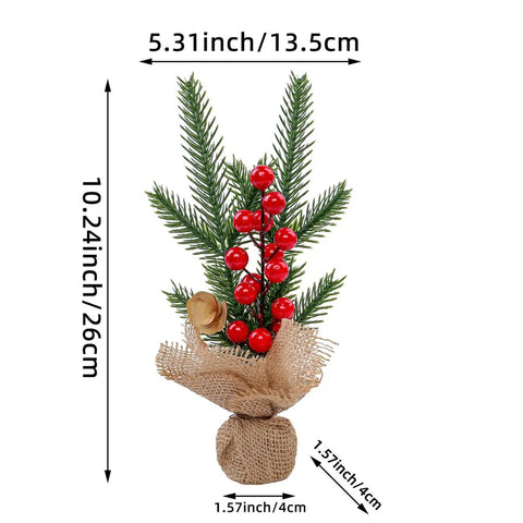 Mini Christmas tree with red berries in burlap base, part of Three Piece Tabletop Christmas Tree Set Ready To Display Mini Artificial XMAS Trees Nine Point Eight Four Inches Tall.