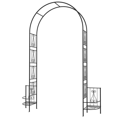 8 Foot Metal Garden Arch Trellis With Planter Boxes For Climbing Plants Outdoor Rust Resistant Backdrop Stand For Weddings Parties And Garden Decor Heavy Duty Pergola, black powder-coated frame