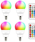 Color Changing RGB LED Bulbs E12 5W 12 Colors A15 Candle Base With Remote 4 Pack displayed with remote controls