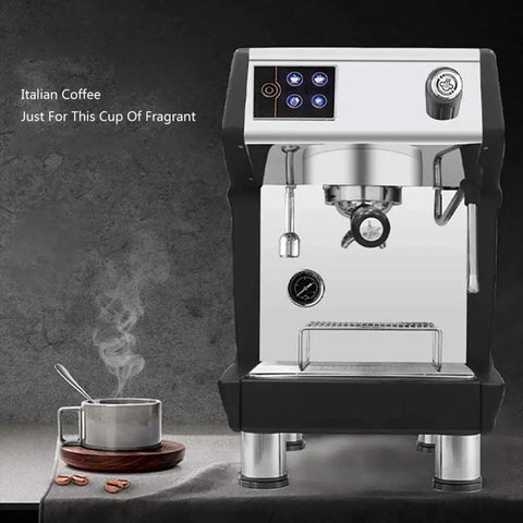Sleek espresso machine with stainless steel finish next to a steaming cup on a saucer, showcasing modern coffee-making equipment.