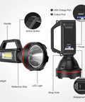 Ultra Bright Rechargeable Spotlight Flashlight with USB Output, handle, LED light, strap hole, floodlight, and power display shown