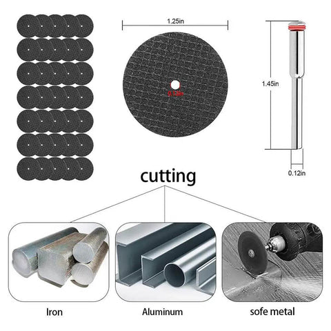 Diagram showing 60 Pieces Rotary Cutting Wheels Tool Kit With Resin Cut Off Discs And Diamond Grit Blades for cutting metal.