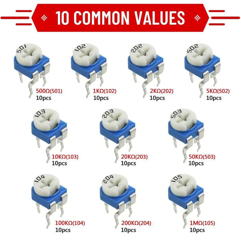 100 Piece 6mm Trimmer Potentiometer Assortment Kit With 500 Ohm To 1 Megaohm Range Top Adjustment 3 Terminal Variable Resistors
