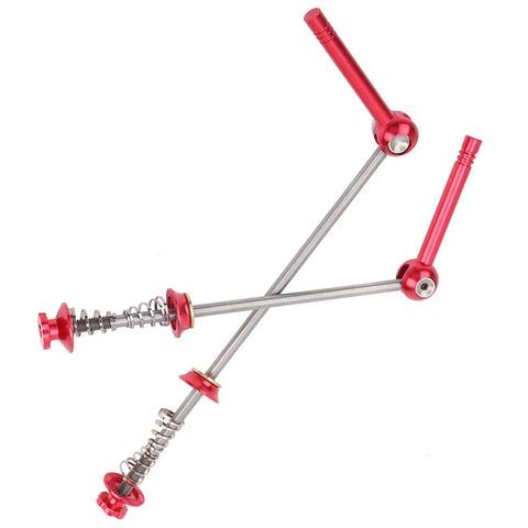 Titanium Alloy Quick Release Skewer Lever For Mountain And Road Bikes in red, ultra lightweight wheel fastener, front view.