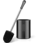 Compact Toilet Brush With Stainless Steel Handle And Hidden Base, Space Saving Plastic Holder, Drip Proof Caddy, Black