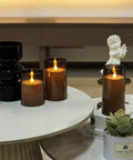Grey Flameless Pillar Candles With Remote Control And Timer Battery Operated LED Candles Featuring Realistic 3D Flame Perspex