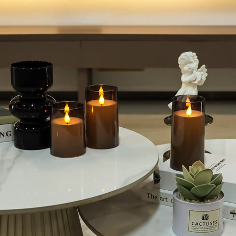 Grey Flameless Pillar Candles With Remote Control And Timer Battery Operated LED Candles Featuring Realistic 3D Flame Perspex