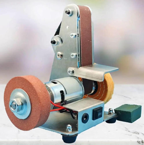110V 220V Desktop Vertical Mini Electric Belt Sander And Polisher With Pure Copper Motor For Knife Sharpening Tool Grinding And DIY Projects, stainless steel build, compact design.