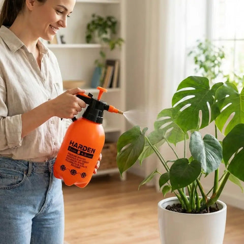 Woman using 0.53 Gallon Handheld Pump Sprayer With Adjustable Copper Nozzle For Plants And Lawn Care on indoor plant.