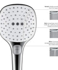 Close-up of Raindance Select 120 handheld showerhead with 3 spray modes and 2.5 GPM, showing RainAir, Rain, Whirl settings.