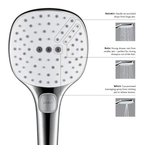 Raindance Select E120 Handheld Shower Head in Brushed Nickel, 2.5 GPM, 3 spray modes with air-infused droplets and massage settings.