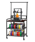 Tough As Nails 3D Printer Workbench Cart With Solid Wood Top And Steel Frame, 300 Lb Payload, 3D printer and colorful filament spools.