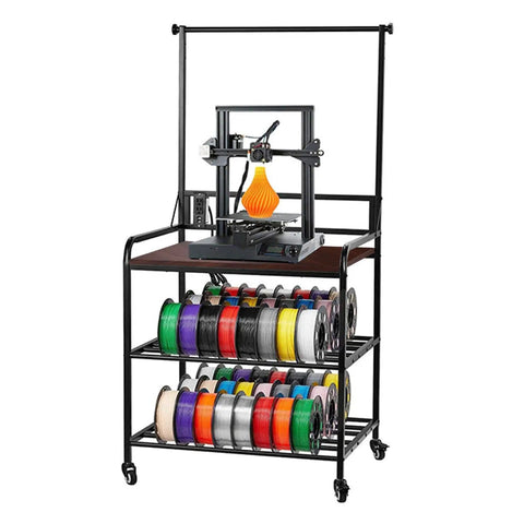 Tough As Nails 3D Printer Workbench Cart With Solid Wood Top And Steel Frame, 300 Lb Payload, 3D printer and colorful filament spools.