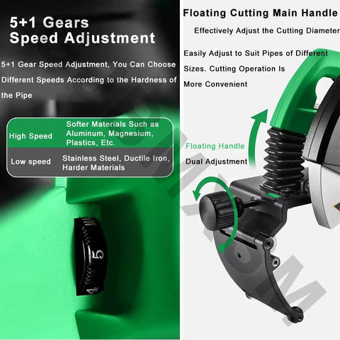 5+1 gear speed adjustment on electric pipe cutter with floating handle, ideal for different tube sizes and materials