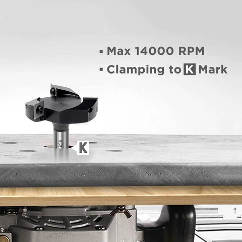 Beefy CNC Spoilboard Surfacing Router Bit With One Half Inch Shank Three Inch Cutting Diameter Fifteen Thirty Two Inch Cut Length Four Wing Carbide Insert Bit For Smooth Precise Woodworking Surfacing shown in use.