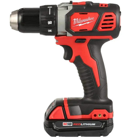 Industrial Strength M18 Cordless 1/2 Inch Hammer Drill With Led Work Light Brushless Motor Power For Killer Wood And Masonry Jobs A Top Shelf Build Designed To Outlast side view of red and black cordless drill with battery
