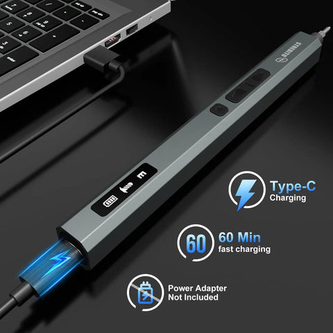 Upgraded Electric Screwdriver Kit With 144 Magnetic Bits charging via USB Type-C next to laptop