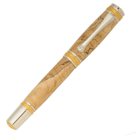 Solid Chrome And Rich Gold Majestic Fountain Pen Woodturning Hardware Kit Featuring Dual Tone Finishes For Hella Smooth Writing And Serious Drip On Every Workbench Setup - close-up view of a stylish pen with a wooden body and chrome gold accents.