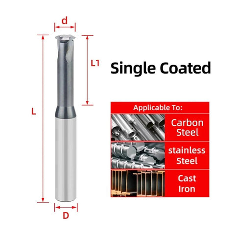 Get Your Hands On This Badass Carbide Threading Milling Cutter. Single Tooth Design With Full Thread Cutters For Precise M4x0.7 Threads. Hard Alloy Coating Makes It Durable As Hell. Perfect For Manual Or Machine Milling Jobs. Chip Removal Is Smooth,. Image of single coated carbide cutter with specifications for cutting carbon steel, stainless steel, and cast iron.