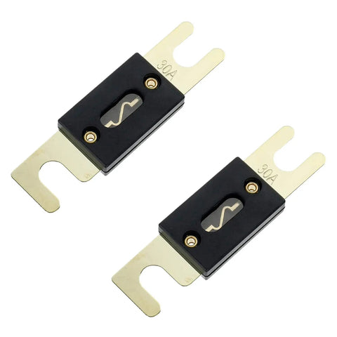 Heavy Duty ANL Fuse Holders And 100 Amp ANL Fuses Pair For Audio Video Systems, compact design with 30A capacity and gold contacts.
