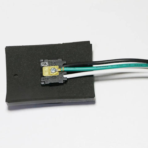 Heavy Duty Grounded Outdoor Convenience Outlet showing 15A connector with wires on a black backing, designed for outdoor use.