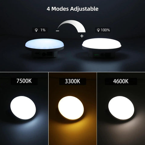 Hanging Camping Tent Light LED Rechargeable Portable Lantern showing dimming and 3 color temperatures 3300K 4600K 7500K options