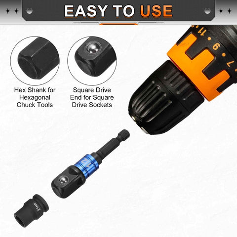 Impact Driver Socket Adapter Extension Set 4 Piece Half Inch Square Drive To Quarter Inch Hex Shank Universal Fit for Screwdrivers