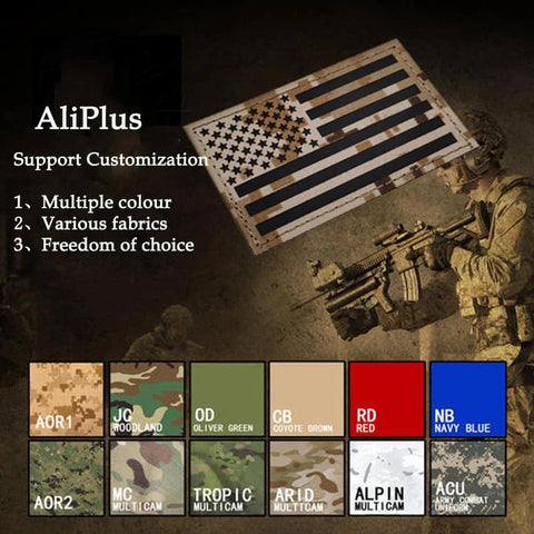 Front view: two AliPlus infrared-reflective American flag patches in brown, laser-cut with hook-and-loop backing.