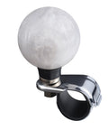 Steering Wheel Spinner Knob Power Booster For Easy One Hand Drive Suicide Knob Grip With Billiards Ball Style Handle Smooth Turn Helper For Lawn Mowers Forklifts Tractors White, featuring a sturdy metal clamp, side view.
