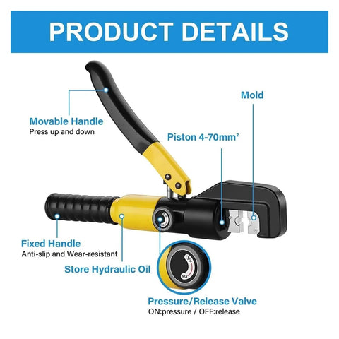 Top Quality Hydraulic Crimping Tool And Rebar Shears with movable handle, pressure valve, and anti-slip fixed handle.
