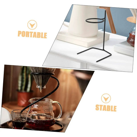 Kick Up Your Morning Brew Game With This Slick Two Piece Coffee Dripper Stand. Black metal stand stabilizing pour over coffee setup.