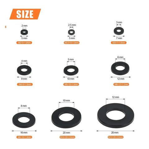 800 Pcs Black Nylon Flat Washers Set Nine Sizes M2 To M12 Insulation Anti Corrosion Plastic Washers Universal Storage Box Kit For Electronics Automotive Appliances And DIY Projects, size chart