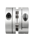 Beefy 12.7mm To 12mm Bore Flexible Diaphragm Motor Shaft Coupling Joint With Clamp Mount, side view of aluminum hubs and stainless discs.