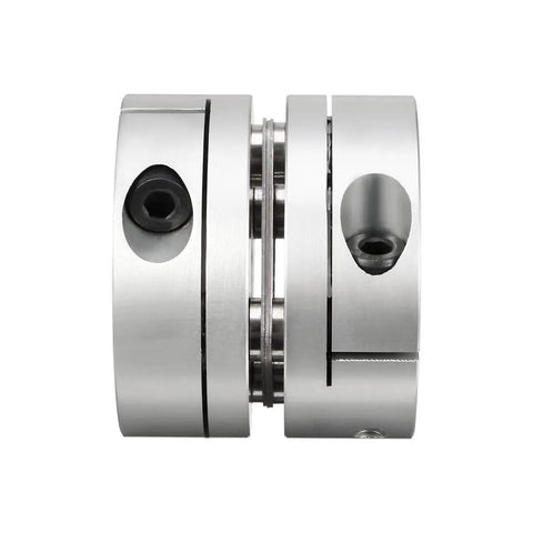 Beefy 12.7mm To 12mm Bore Flexible Diaphragm Motor Shaft Coupling Joint With Clamp Mount, side view of aluminum hubs and stainless discs.