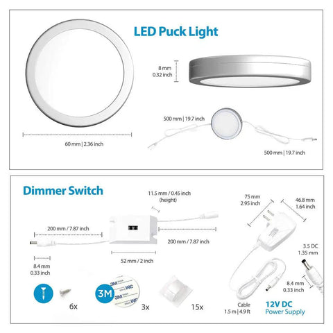 Dimensions and components of Under Cabinet Puck Lights With Hand Wave Sensor, Circular LED Cabinet Lights, Dimmable 12 Pack.