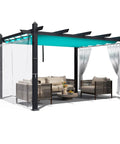 Aluminum Pergola With Retractable Canopy And Mosquito Netting, 10x13 Foot Outdoor Pavilion For Patio And Backyard, with bright blue canopy