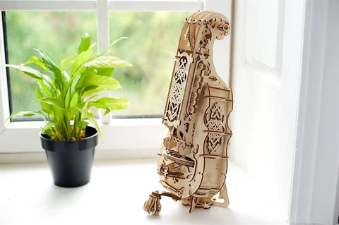 Hurdy Gurdy Mechanical 3D Wooden Model Kit With Hand Crank Functional DIY Musical Instrument For DIYers And Makers Two Strings Melody And Drone Realistic Gear Action 40 X 22 X 16.5 Cm Model 70030, wooden side view