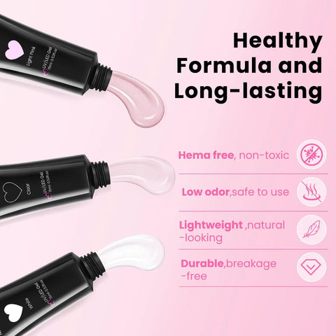 All In One Polygel Toe Nail Kit With UV Light, Includes 3 Color Polygel 15ml Each showcasing gel texture and benefits list