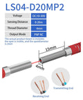 Through Beam Laser Photoelectric Sensor diagram showing voltage, sensing range, thread diameter, and PNP NC output mode.
