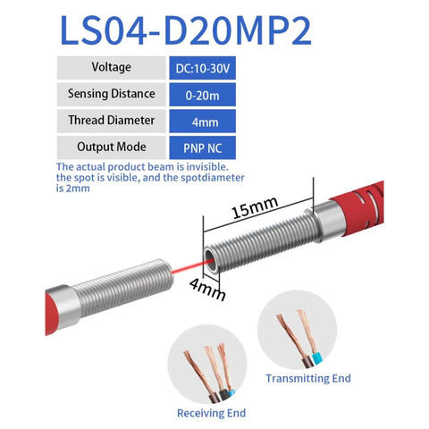Through Beam Laser Photoelectric Sensor diagram showing voltage, sensing range, thread diameter, and PNP NC output mode.