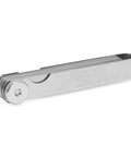 Side view of a metal OEM TOOLS 25024 22-blade go-no-go feeler gauge with a rotating blade stack.