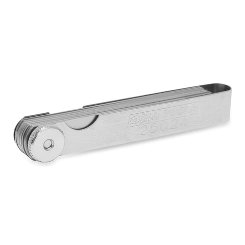 Side view of a metal OEM TOOLS 25024 22-blade go-no-go feeler gauge with a rotating blade stack.