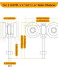 Diagram of Beam Trolley Assembly With Silent Rollers For 1-3/4 Inch Wide And 2-1/4 Inch Or Taller Rail Hanging Track.