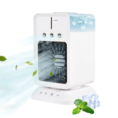 Highly Portable Evaporative Cooler With Three Speed Mist Fan And Swivel Nozzle For Desk Dorm Office And Travel slaps away summer heat with cool mist.