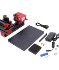 Ftvogue 6 In 1 Mini Motorized Lathe Machine Multi Functional DIY Woodworking Tool Kit with base and accessories laid out.